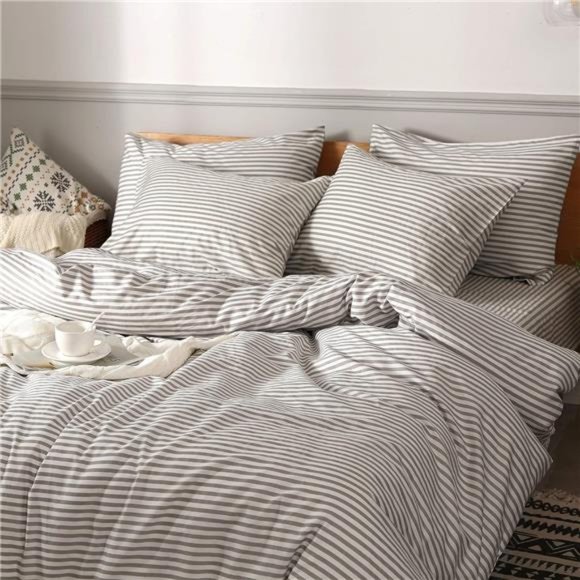 100%Natural Cotton 3pcs Striped Duvet Cover Sets with Zipper Closure&Corner Ties - Picture 2 of 6
